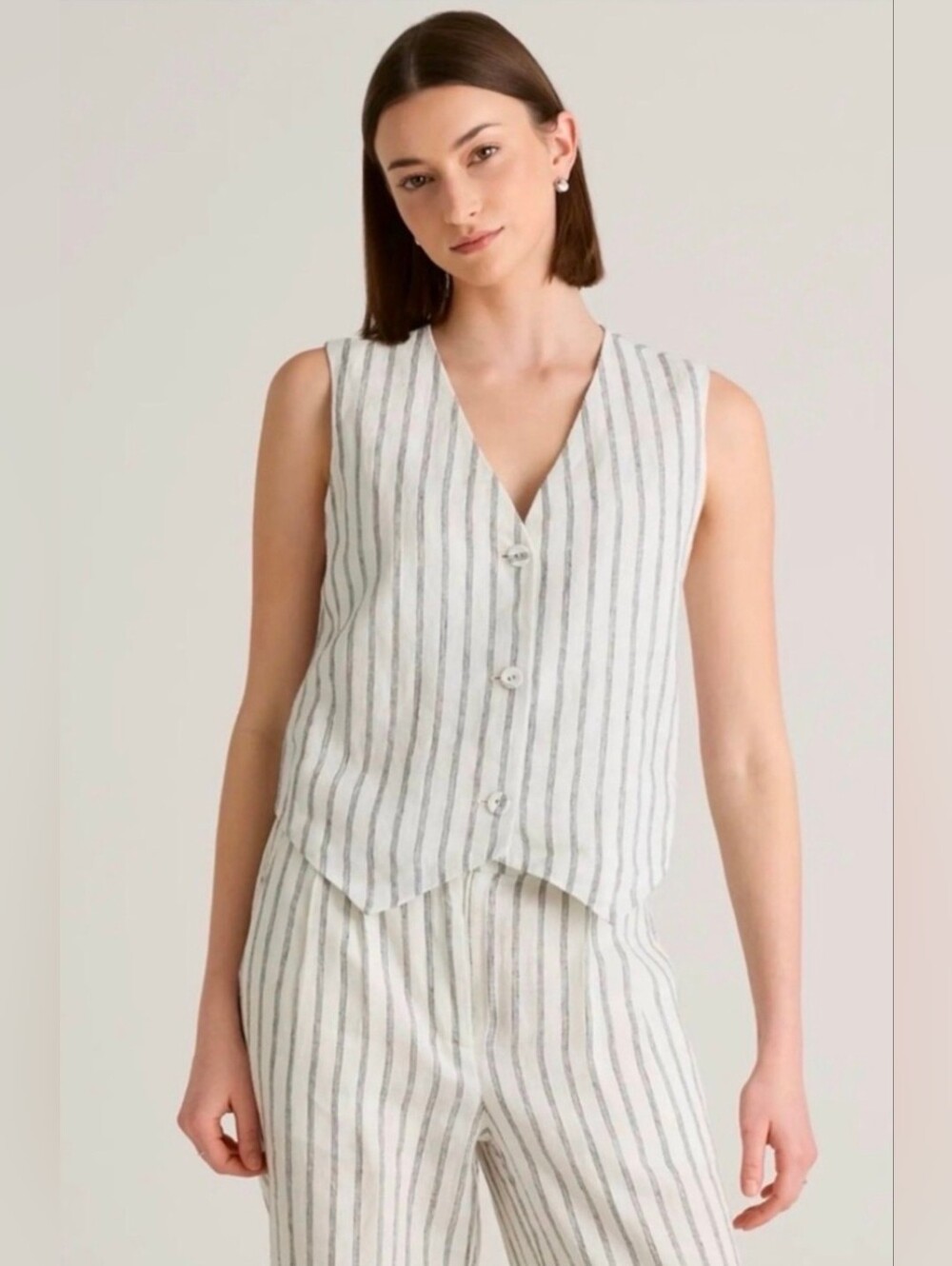 NWT Quince European Linen Longline Vest Oatmeal Stripe